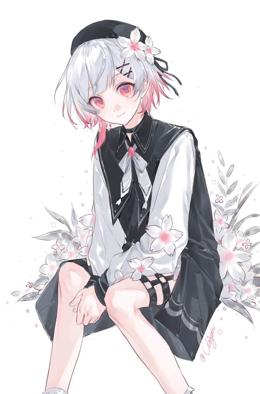 1girl, beret, black_choker, black_dress, black_hat, brooch, cherry_blossoms, chi_bu92189, chinese_commentary, choker, closed_mouth, commentary_request, dress, feet_out_of_frame, floral_background, flower, gradient_hair, hair_flower, hair_ornament, hat, highres, invisible_chair, jewelry, long_sleeves, looking_at_viewer, mahou_shoujo_no_majo_saiban, multicolored_hair, neck_ribbon, o-ring, o-ring_thigh_strap, own_hands_together, pink_eyes, pink_hair, ribbon, sakuraba_ema, short_hair, sitting, smile, solo, thigh_strap, white_background, white_flower, white_hair, white_ribbon, x_hair_ornament