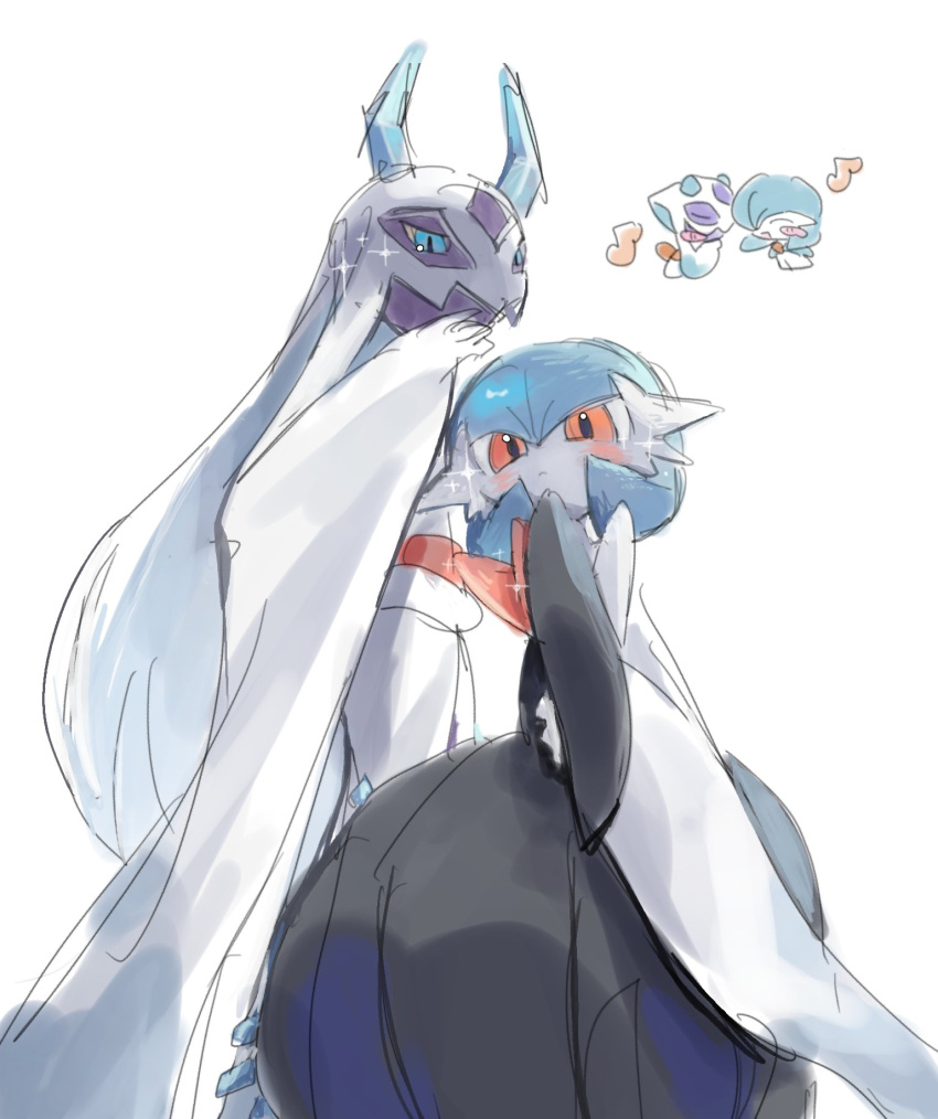 2others, alternate_color, black_dress, black_gloves, blue_eyes, blue_sclera, blush, bob_cut, closed_eyes, closed_mouth, colored_sclera, dress, froslass, gardevoir, gloves, highres, horns, ice_horns, looking_at_viewer, mame_(nanase_pk), mega_froslass, mega_gardevoir, mega_pokemon, multiple_others, musical_note, open_mouth, pokemon, pokemon_(creature), pokemon_focus, pokemon_legends:_z-a, red_eyes, shiny_pokemon, smile, yellow_sclera