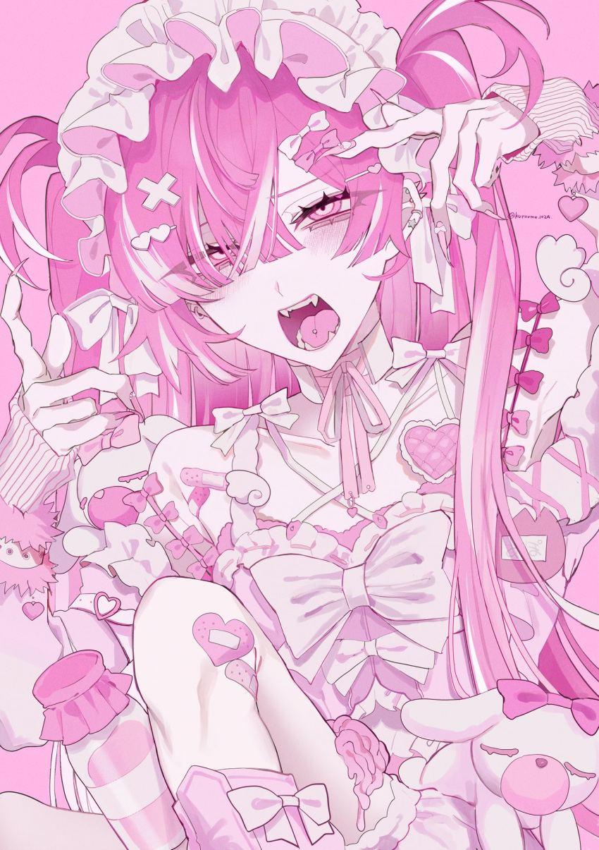 1girl, arm_up, bandaid, bandaid_on_leg, bandaid_on_shoulder, blush, bow, fingernails