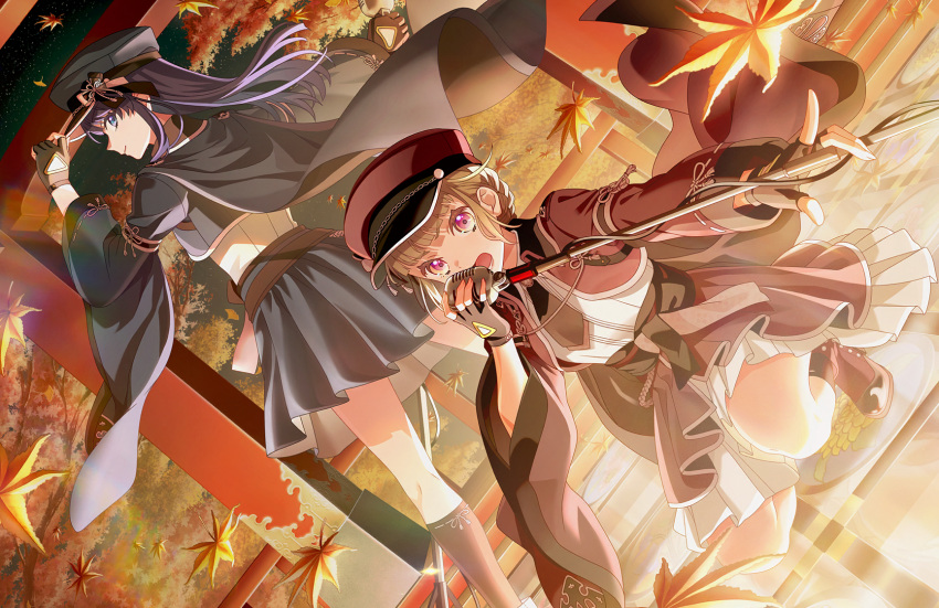 2girls, autumn, autumn_leaves, black_cape, black_gloves, black_jacket, blue_eyes, brown_hair, brown_jacket, brown_skirt, cape, dollchestra, dutch_angle, falling_leaves, fingerless_gloves, full_body, game_cg, garand_flash_(love_live!), gloves, highres, jacket, kachimachi_kosuzu, layered_skirt, leaf, link!_like!_love_live!, long_hair, long_sleeves, looking_at_viewer, love_live!, maple_leaf, multiple_girls, murano_sayaka, non-web_source, official_art, open_mouth, purple_hair, shirt, short_hair, skirt, squatting, standing, torii, virtual_youtuber, white_shirt, white_skirt, wide_sleeves