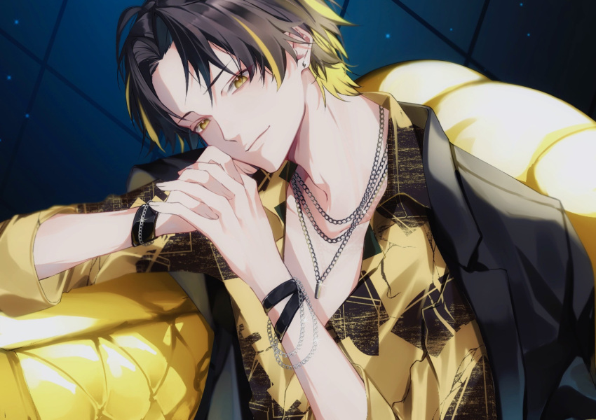 1boy, black_hair, black_jacket, chain, chain_bracelet, chain_necklace, closed_mouth, hair_between_eyes