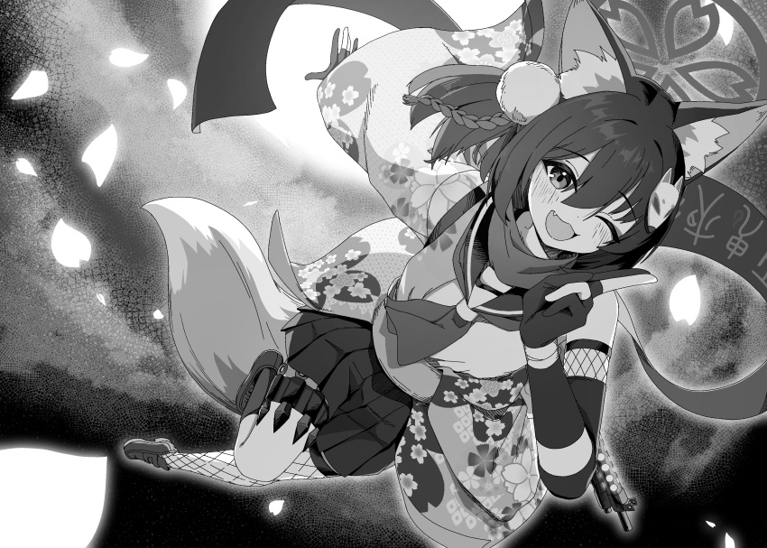 1girl, ;3, ;d, absurdres, animal_ear_fluff, animal_ears, asymmetrical_legwear, blue_archive