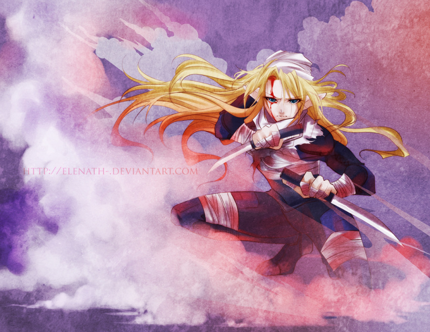 bandage, bandages, blonde_hair, blood, blue_eyes, cloud, clouds, elenatha, fighting_stance, floating_hair, kneeling, knife, long_hair, ninja, nintendo, ocarina_of_time, pointy_ears, princess_zelda, reverse_grip, reverse_trap, serious, sheik, solo, the_legend_of_zelda