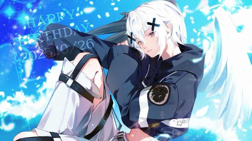 1boy, angel_wings, blue_hoodie, blue_sky, clothing_cutout, clouds, cropped_hoodie, dated