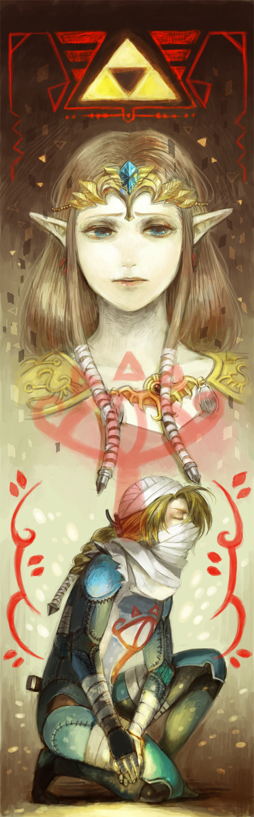 bandage, bandages, blue_eyes, closed_eyes, dual_persona, elf, endou_yuu, eyes_closed