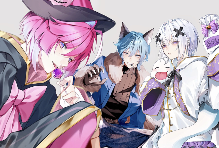 3boys, ahoge, animal_ears, blue_eyes, blue_hair, blue_jacket, bow, candy