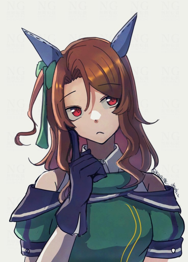 1girl, animal_ears, black_gloves, brown_hair, dress, ear_covers, gloves, green_dress, horse_ears, horse_girl, king_halo_(king_of_emeralds)_(umamusume), king_halo_(umamusume), looking_to_the_side, medium_hair, ohsaka_kaname, red_eyes, solo, umamusume, upper_body