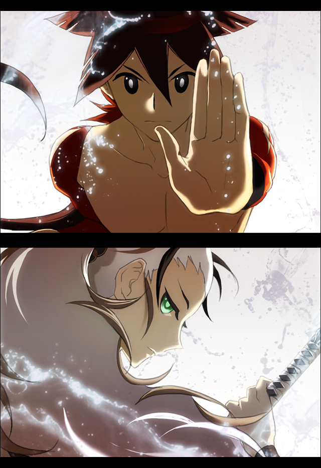 brown_hair, eeru, green_eyes, katanagatari, sabi_hakuhei, water, white_hair, yasuri_shichika
