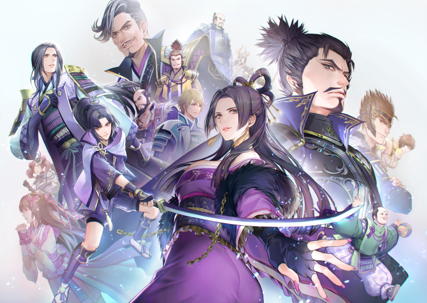 4girls, 6+boys, bare_shoulders, beard, black_hair, black_nails, brown_hair, character_request