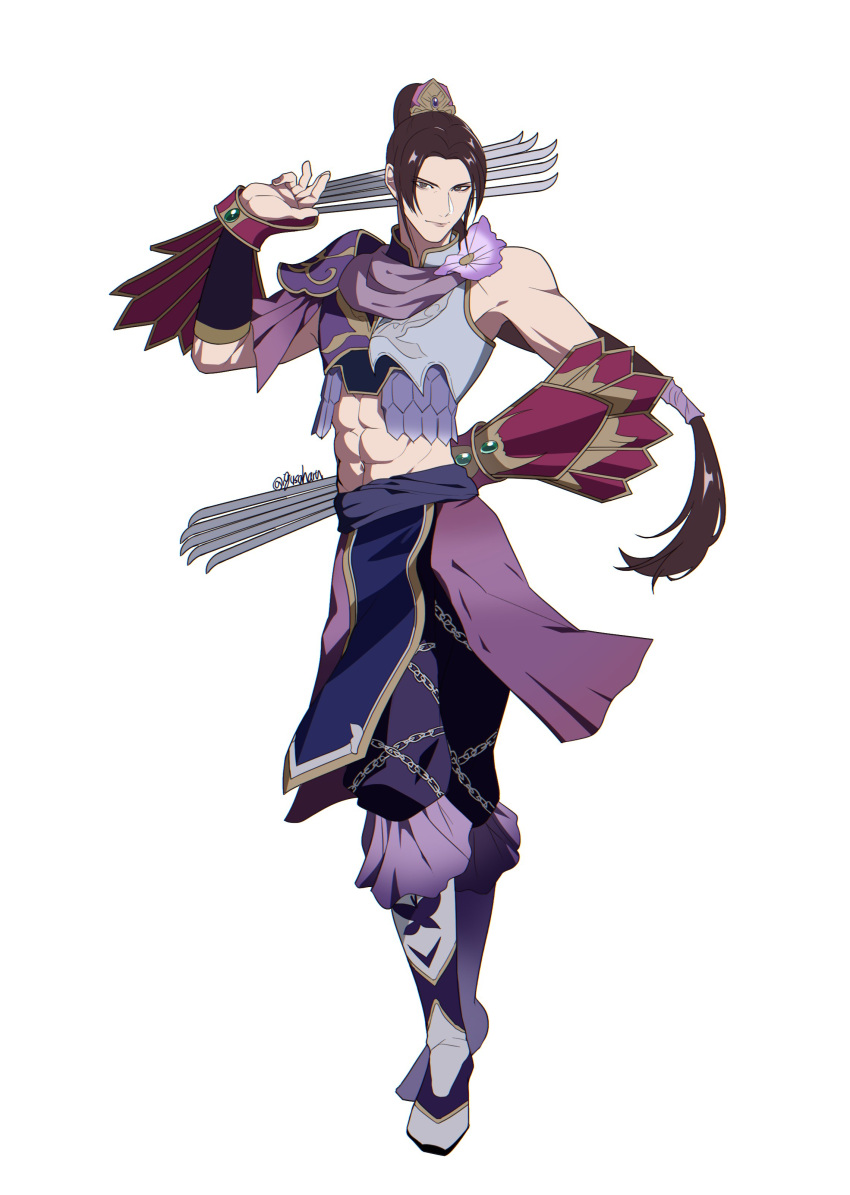 1boy, abs, absurdres, arm_behind_back, brown_hair, chinese_clothes, claw_(weapon), crop_top, dual_wielding, full_body, hair_ornament, highres, holding, igusaharu, long_hair, low-tied_long_hair, male_focus, midriff, multi-tied_hair, parted_bangs, ponytail, shin_sangoku_musou, shin_sangoku_musou_5, single_bare_shoulder, single_shoulder_pad, solo, twintails, weapon, white_background, zhang_he_(shin_sangoku_musou)