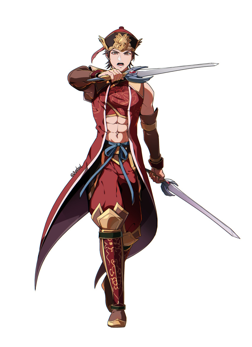 1boy, abs, absurdres, armor, armored_boots, bare_shoulders, belt, blue_belt, boots, brown_eyes, brown_hair, chinese_armor, chinese_clothes, coat, crop_top, detached_sleeves, dual_wielding, full_body, gold_trim, hat, highres, holding, holding_sword, holding_weapon, igusaharu, long_coat, lu_xun_(shin_sangoku_musou), male_focus, midriff, open_mouth, pants, parted_bangs, red_coat, red_pants, red_shirt, shin_guards, shin_sangoku_musou, shin_sangoku_musou_5, shirt, short_hair, solo, sword, twitter_username, weapon, white_background