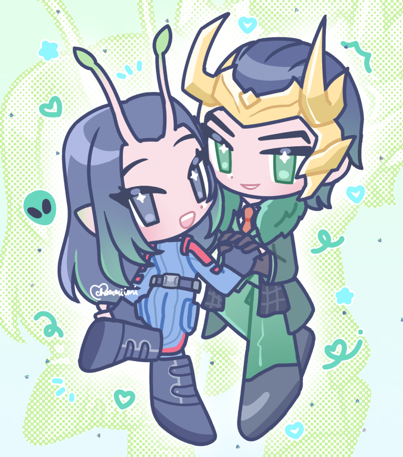 1boy, 1girl, :d, alien, animification, antennae, black_boots, black_eyes