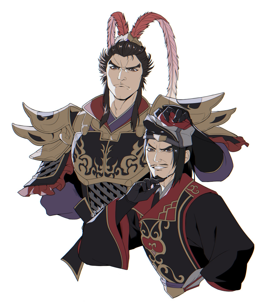 2boys, absurdres, armor, beard, black_gloves, black_hair, chen_gong_(shin_sangoku_musou), chinese_armor, chinese_clothes, clenched_teeth, cropped_torso, facial_hair, feather_hair_ornament, feathers, furrowed_brow, gloves, hair_ornament, hand_on_another's_head, highres, igusaharu, long_hair, lu_bu_(shin_sangoku_musou), male_focus, multiple_boys, mustache, parted_bangs, parted_lips, shin_sangoku_musou, shin_sangoku_musou_origins, shoulder_armor, sideburns, sidelocks, teeth, white_background