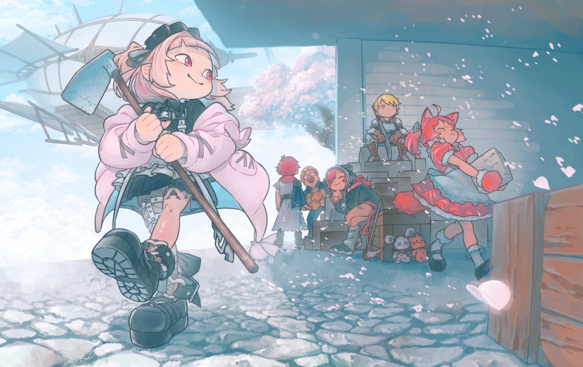 3boys, 3girls, ahoge, aircraft, airship, akami_karubi, animal_ears, apron
