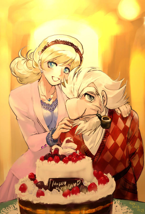 1boy, 1girl, 1other, aizawa_mila, big_nose, birthday_cake, blonde_hair, blue_eyes