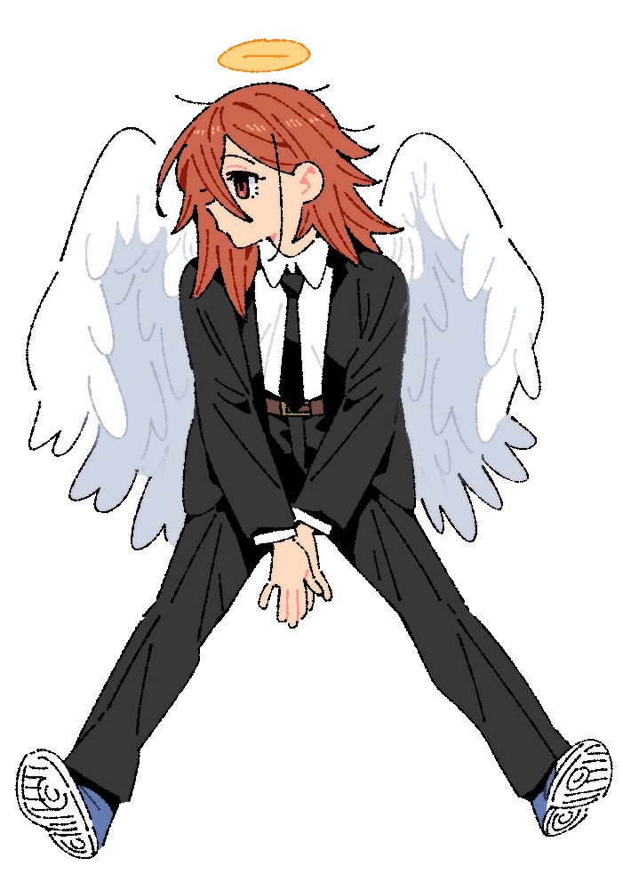 1boy, androgynous, angel_devil_(chainsaw_man), angel_wings, black_jacket, black_necktie, black_pants, black_suit