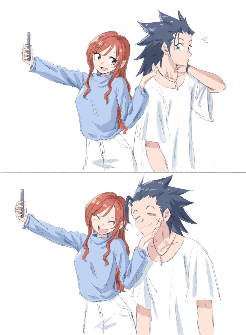1boy, 1girl, :3, aqua_eyes, bervens12, black_hair, blue_sweater, breasts