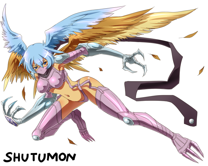 1girl, arai_nobu, arm_guards, blue_eyes, blue_hair, breastplate, claws, digimon, digimon_frontier, feathers, garter_belt, head_wings, hips, knee_guards, mask, monster_girl, navel, pink_legwear, scarf, short_hair, shutumon, simple_background, solo, talons, text, thigh-highs, thighhighs, wings, zephyrmon
