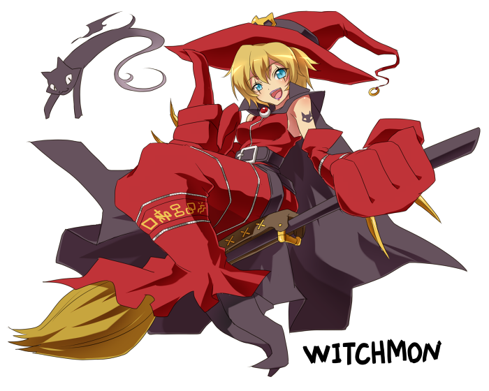 1girl, arai_nobu, belt, black_cat, black_cat_(animal), blonde_hair, broom, broom_riding