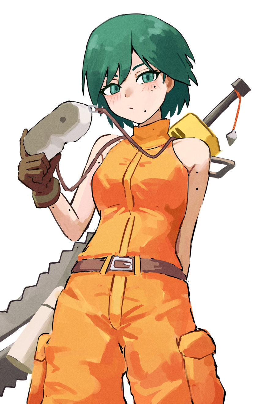 1girl, :/, aqua_eyes, aqua_hair, arm_behind_back, bare_shoulders, belt, breasts
