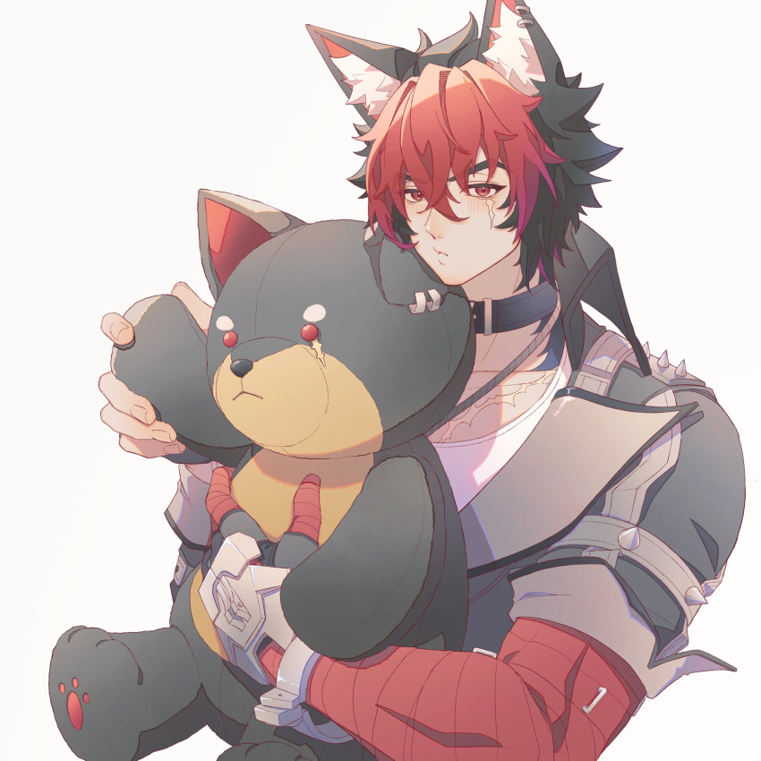 1boy, animal_ear_fluff, animal_ears, bandaged_arm, bandages, black_gloves, black_hair, black_jacket