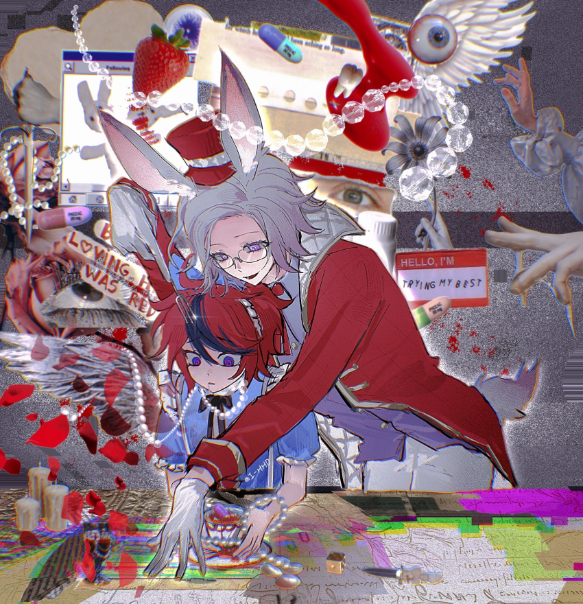 2boys, alice's_adventures_in_wonderland, alice_(alice_in_wonderland), alice_(alice_in_wonderland)_(cosplay), animal_ears, aotsuki_eito, black_hair, black_ribbon
