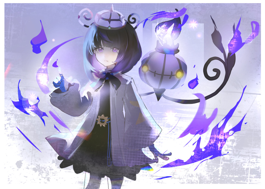 1girl, absurdres, belt, belt_buckle, black_dress, black_hair, blue_gloves, bob_cut, buckle, chandelure, closed_mouth, coat, dress, fire, gloves, gradient_hair, gwynn_(pokemon), hat, highres, long_sleeves, looking_at_viewer, multicolored_hair, nmlm_16, o-ring, o-ring_belt, open_clothes, open_coat, partially_fingerless_gloves, pokemon, pokemon_(creature), pokemon_legends:_z-a, purple_fire, purple_hair, short_hair, violet_eyes, white_coat