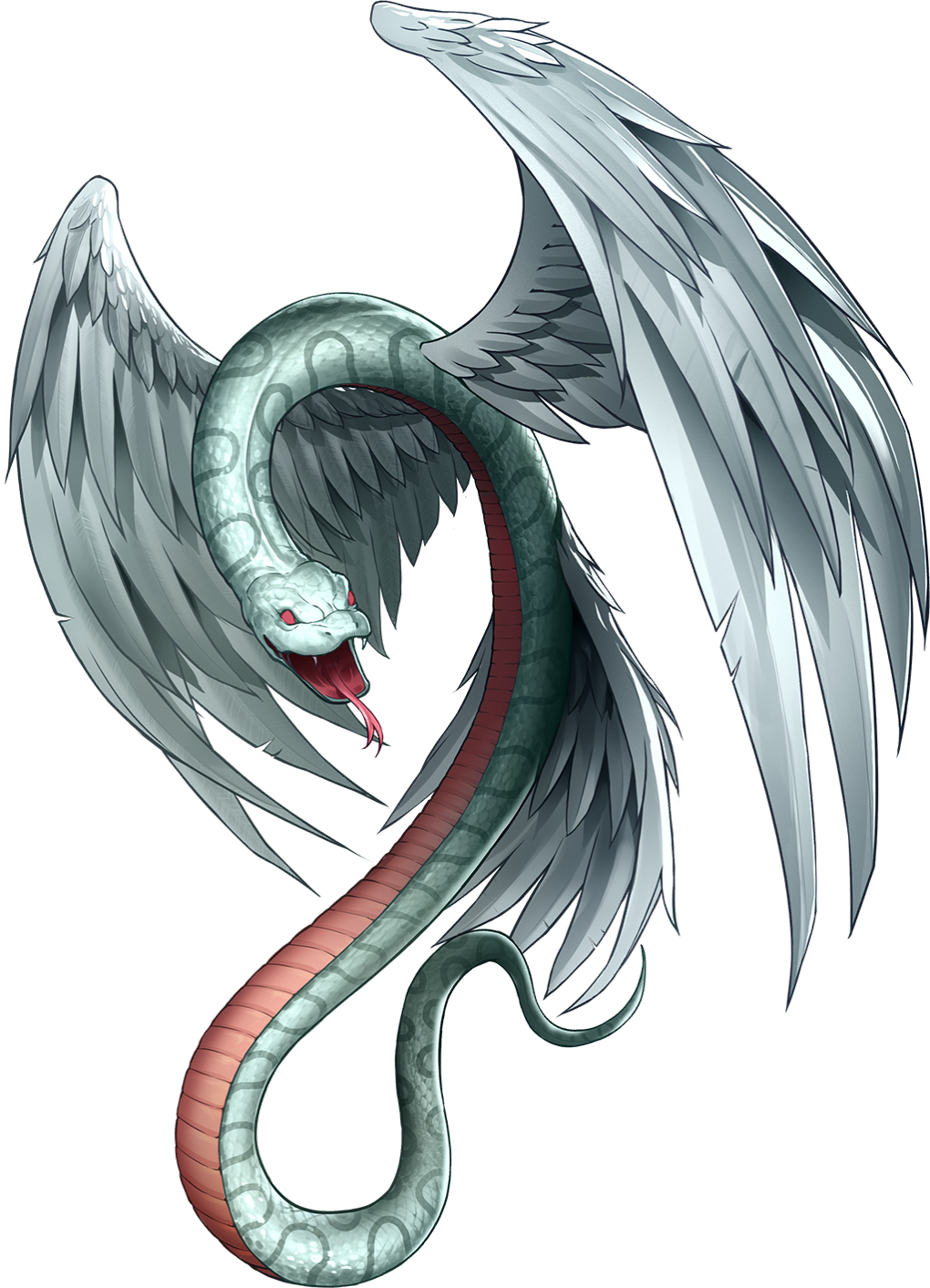 artist_request, demon_(megami_tensei), fangs, feathered_wings, feathers, forked_tongue, green_scales, highres, official_art, open_mouth, persona, persona_5, persona_5:_the_phantom_x, quetzalcoatl_(megami_tensei), red_eyes, shin_megami_tensei, solo, third-party_source, tongue, tongue_out, transparent_background, white_feathers, white_wings, wings