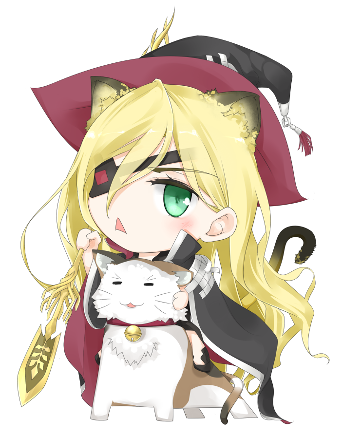 1girl, =_=, absurdly_long_hair, animal_ears, bell, black_boots, black_cape, black_hat
