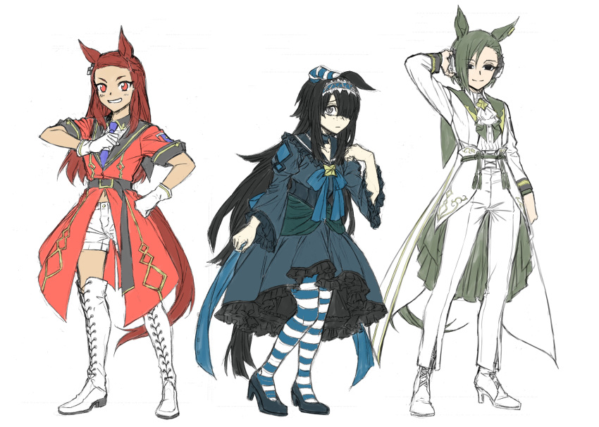3girls, absurdres, ascot, black_eyes, black_hair, boots, brown_hair, dress
