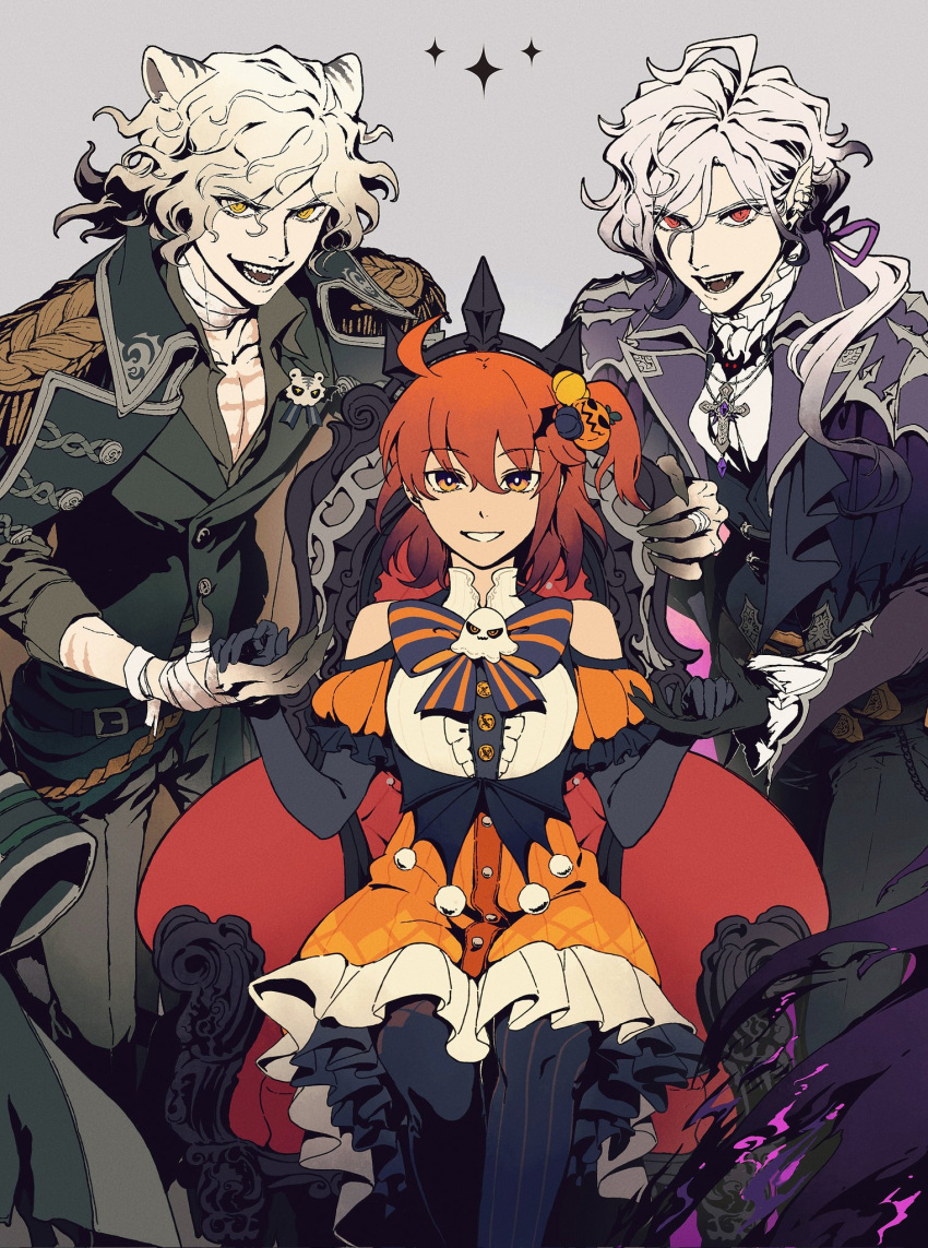 1girl, 2boys, ahoge, alternate_costume, bandaged_arm, bandaged_fingers, bandaged_neck, bandages