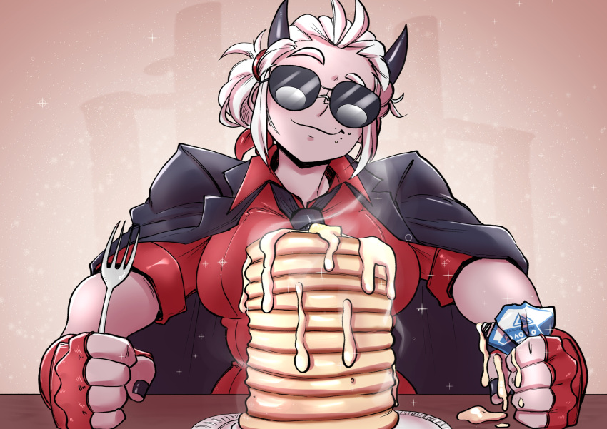 black_nails, black_necktie, byhandsofthedragon, condensed_milk, demon, demon_girl, demon_horns, food