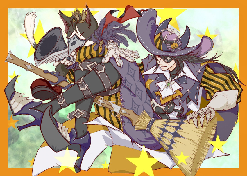 1boy, ascot, beak, black_fur, black_hair, black_jacket, broom, cait_sith_(final_fantasy)