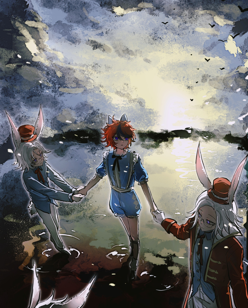 4boys, absurdres, alice's_adventures_in_wonderland, alice_(alice_in_wonderland), alice_(alice_in_wonderland)_(cosplay), animal_ears, aotsuki_eito, black_hair