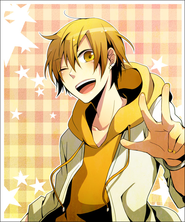 ayunekoya, blonde_hair, durarara!!, earrings, hoodie, jacket, jewelry, kida_masaomi, male, mutsuki_ayumi, open_mouth, smile, solo, wink, yellow_eyes