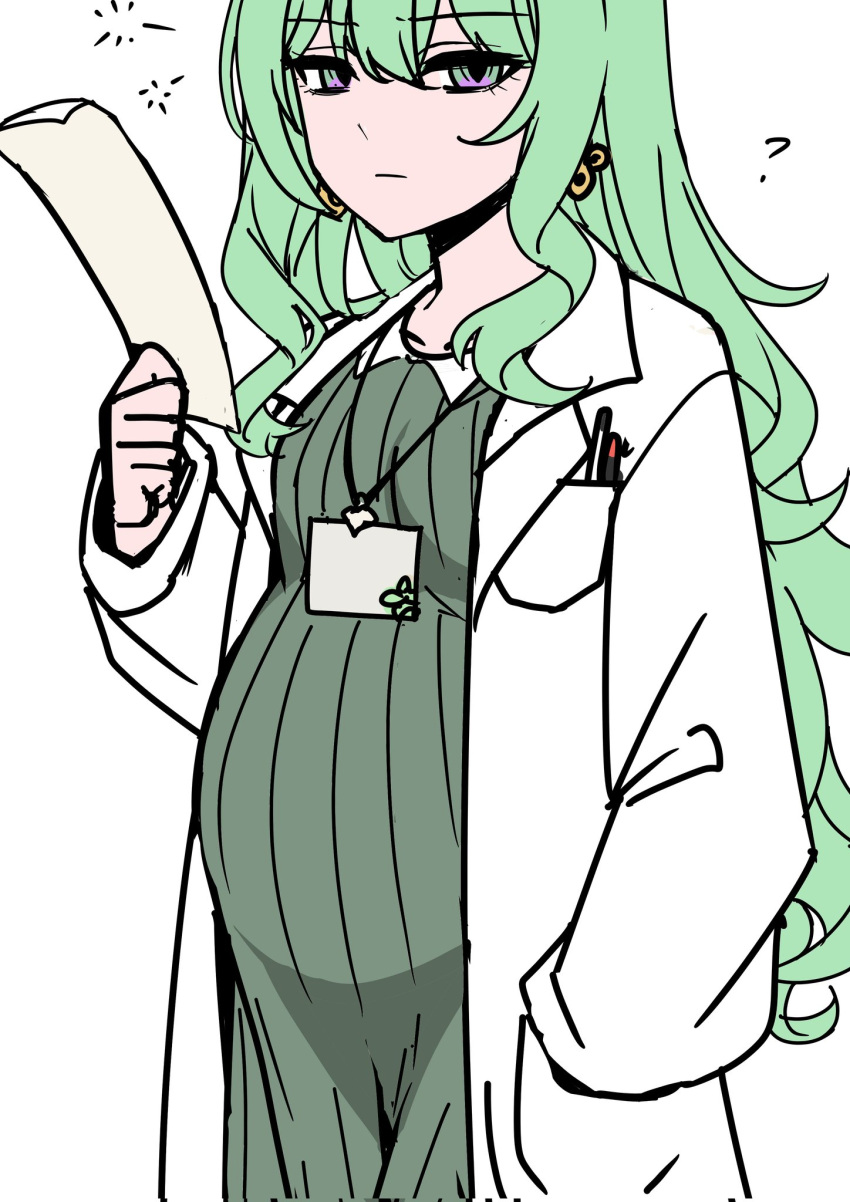 1girl, :|, ?, bikeibikei, closed_mouth, coat, collared_dress, dress, earrings, english_commentary, green_dress, green_hair, hands_in_pockets, highres, holding, holding_paper, honkai_(series), honkai_impact_3rd, jewelry, lab_coat, lanyard, long_hair, looking_at_viewer, mobius_(honkai_impact), mobius_(pre-surgery)_(honkai_impact), paper, pregnant, scientist, simple_background, slit_pupils, solo, upper_body, white_background, white_coat