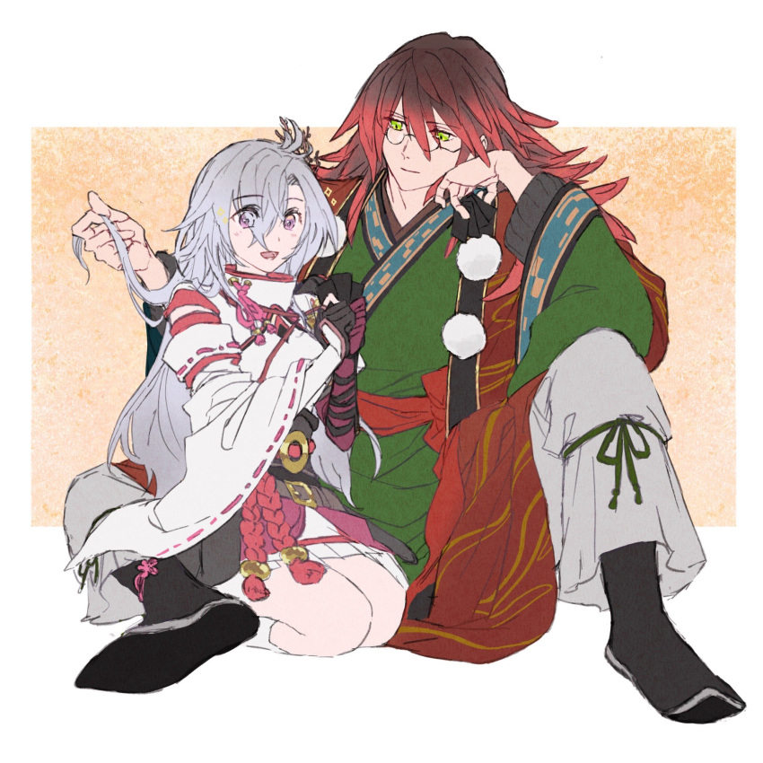 1boy, 1girl, brown_hair, closed_mouth, glasses, gradient_hair, green_eyes, hair_branch