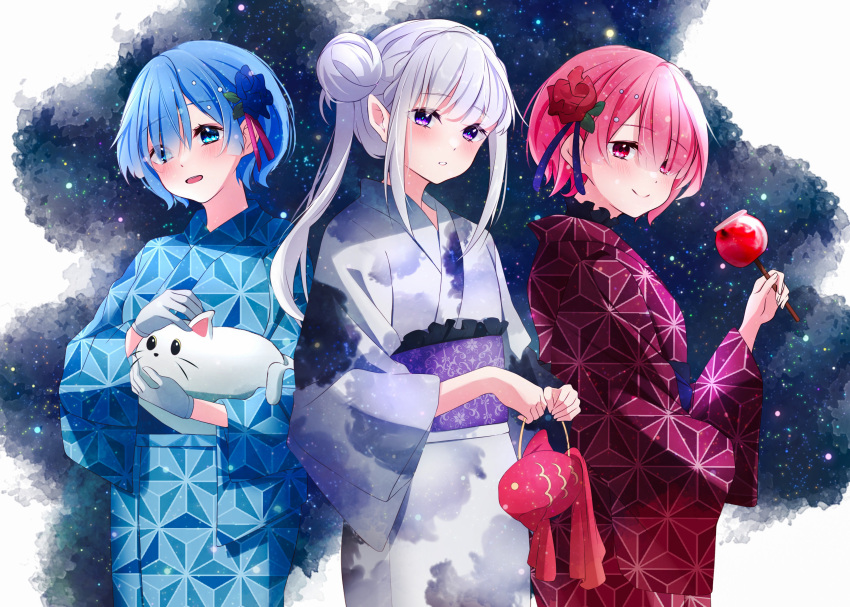 3girls, :d, absurdres, animal, asa_no_ha_(pattern), bag, blue_eyes, blue_flower