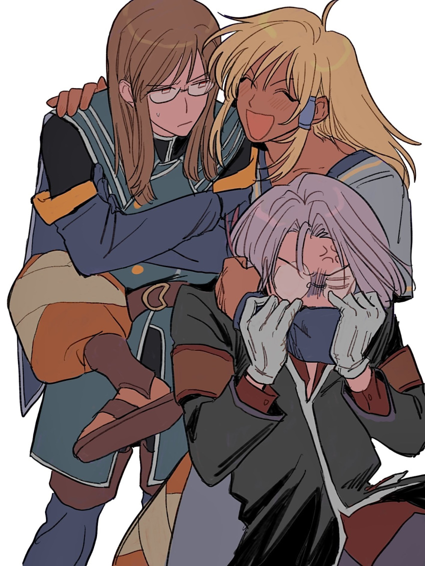 0hyszgzg7k23634, 3boys, anger_vein, arm_around_neck, black_jacket, blonde_hair, blue_cape, blue_gloves, blue_jacket, blue_tunic, boots, brown_boots, brown_hair, cape, closed_eyes, closed_mouth, crossed_arms, dark-skinned_male, dark_skin, dist_(tales), elbow_gloves, feet_out_of_frame, glasses, gloves, hand_on_another's_shoulder, highres, hug, jacket, jade_curtiss, long_hair, looking_at_another, male_focus, multiple_boys, open_mouth, peony_ix, purple_hair, short_hair, sidelocks, tales_of_(series), tales_of_the_abyss, tunic, white_background, white_gloves