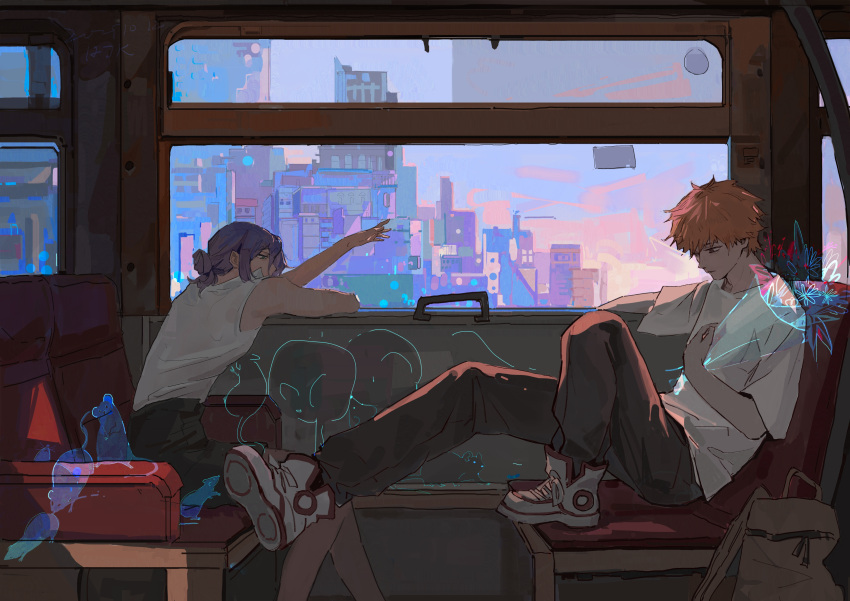 1boy, 1girl, absurdres, backpack, bag, bare_arms, bare_legs, black_shorts