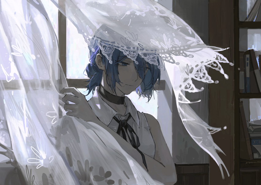 1girl, absurdres, bare_arms, black_choker, black_ribbon, blue_hair, book, bookshelf