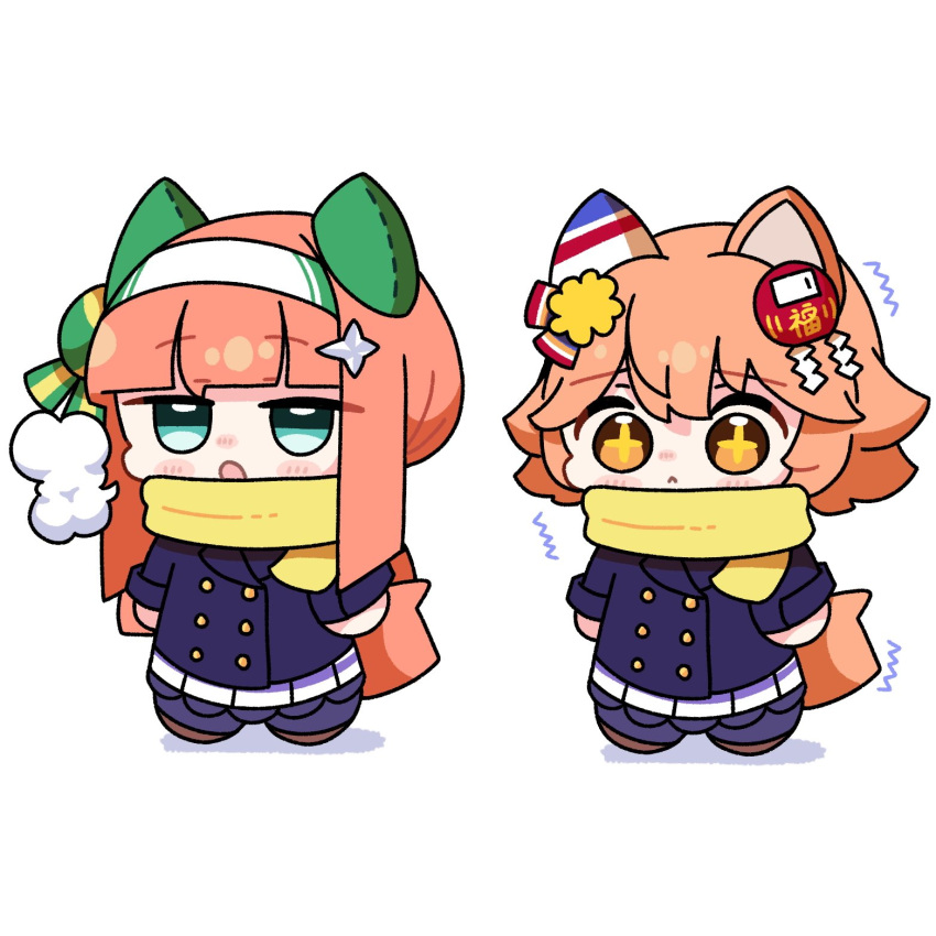 +_+, 2girls, animal_ears, blue_coat, blue_eyes, blunt_bangs, blush, breath