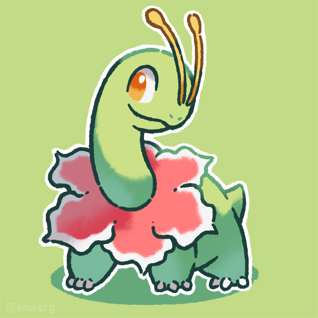 antennae, claws, closed_mouth, flower, full_body, green_background, long_neck, looking_at_viewer