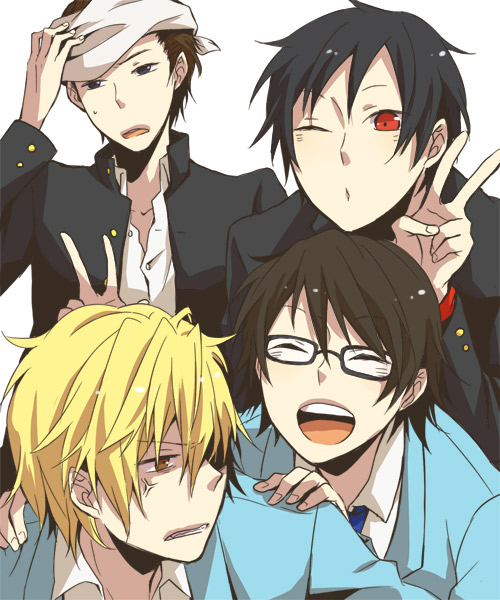 ayunekoya, black_hair, blonde_hair, brown_hair, closed_eyes, durarara!!, eyes_closed, glasses