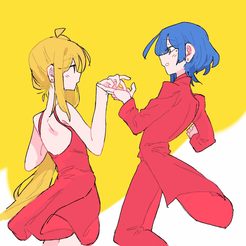 2girls, ahoge, alternate_costume, blonde_hair, blue_hair, blush, bocchi_the_rock!, dancing