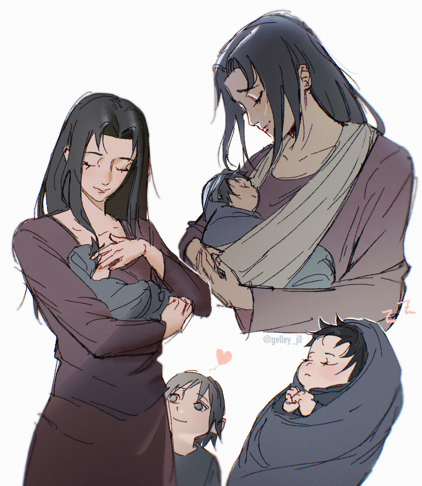 1girl, 2boys, aged_down, baby, black_hair, blue_shirt, brothers, carrying