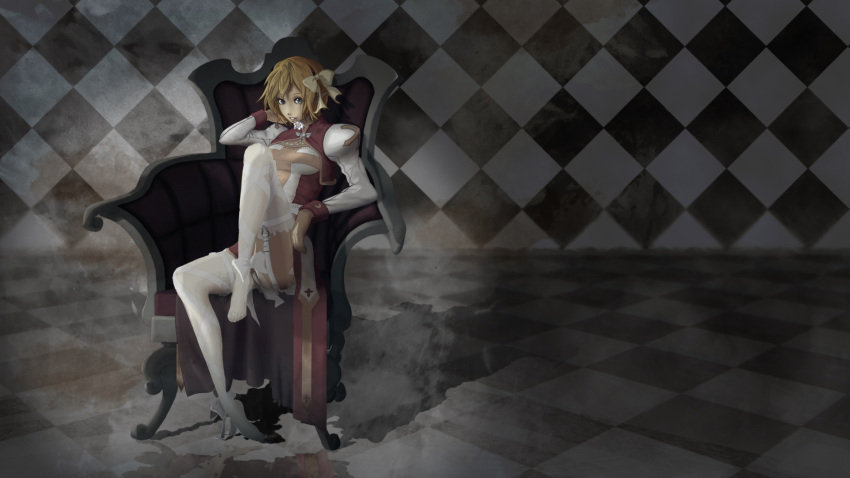 archbishop, blonde_hair, blue_eyes, chair, checkered, flower_in_mouth, garter_straps, highres