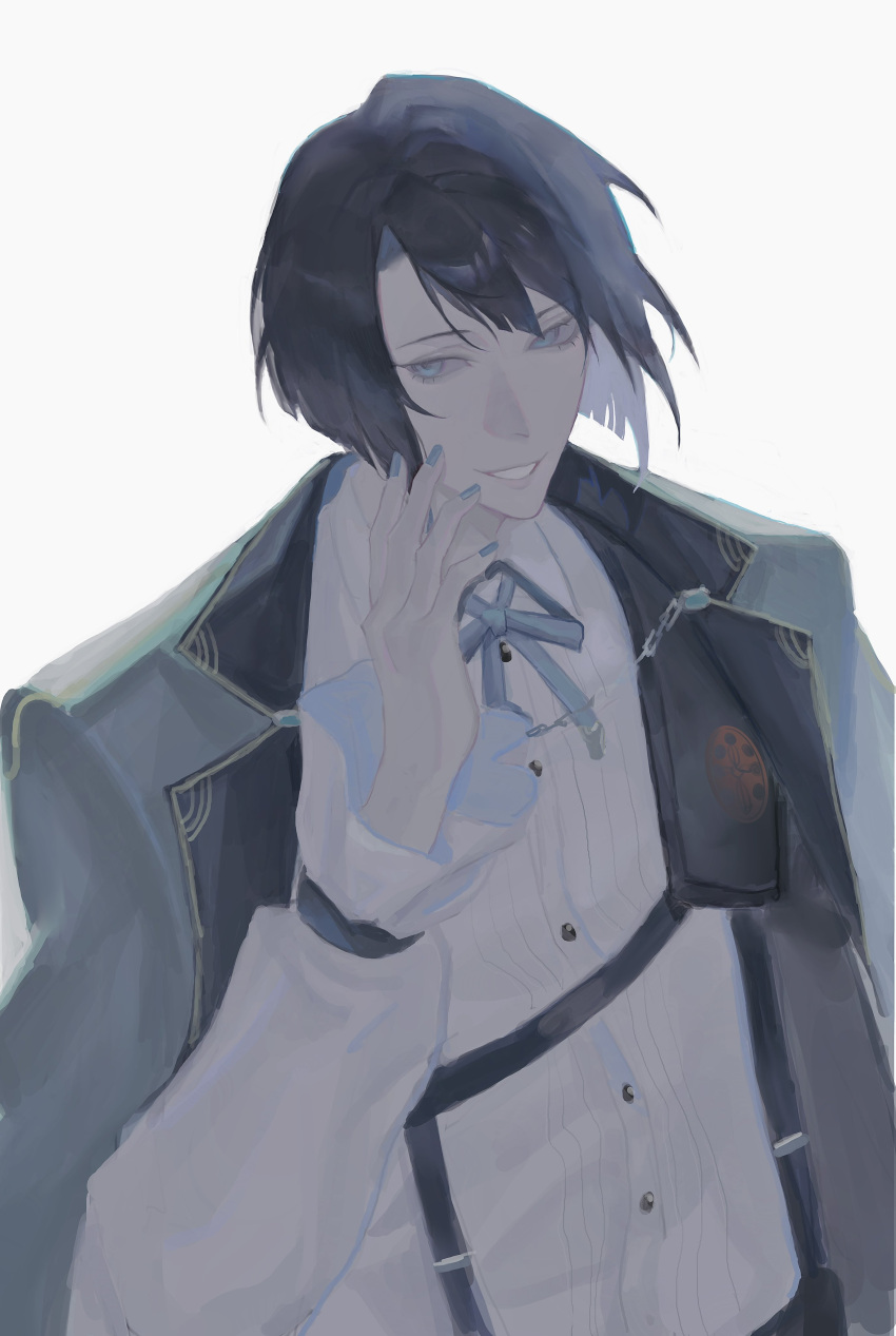 1girl, :d, absurdres, black_hair, black_jacket, blue_eyes, blue_nails, bob_cut