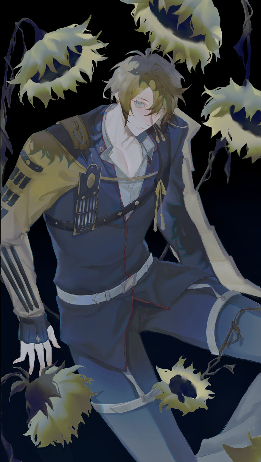 1boy, absurdres, black_gloves, blue_eyes, brown_hair, carda_momd, chest_belt, collared_shirt