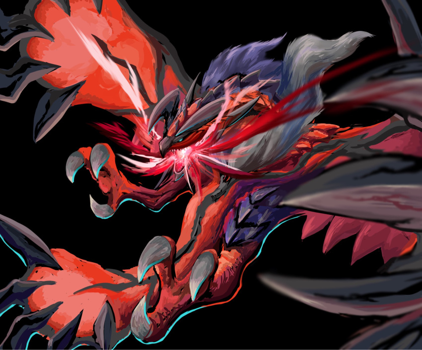 black_background, blue_eyes, blue_sclera, claws, colored_sclera, fangs, highres, horns